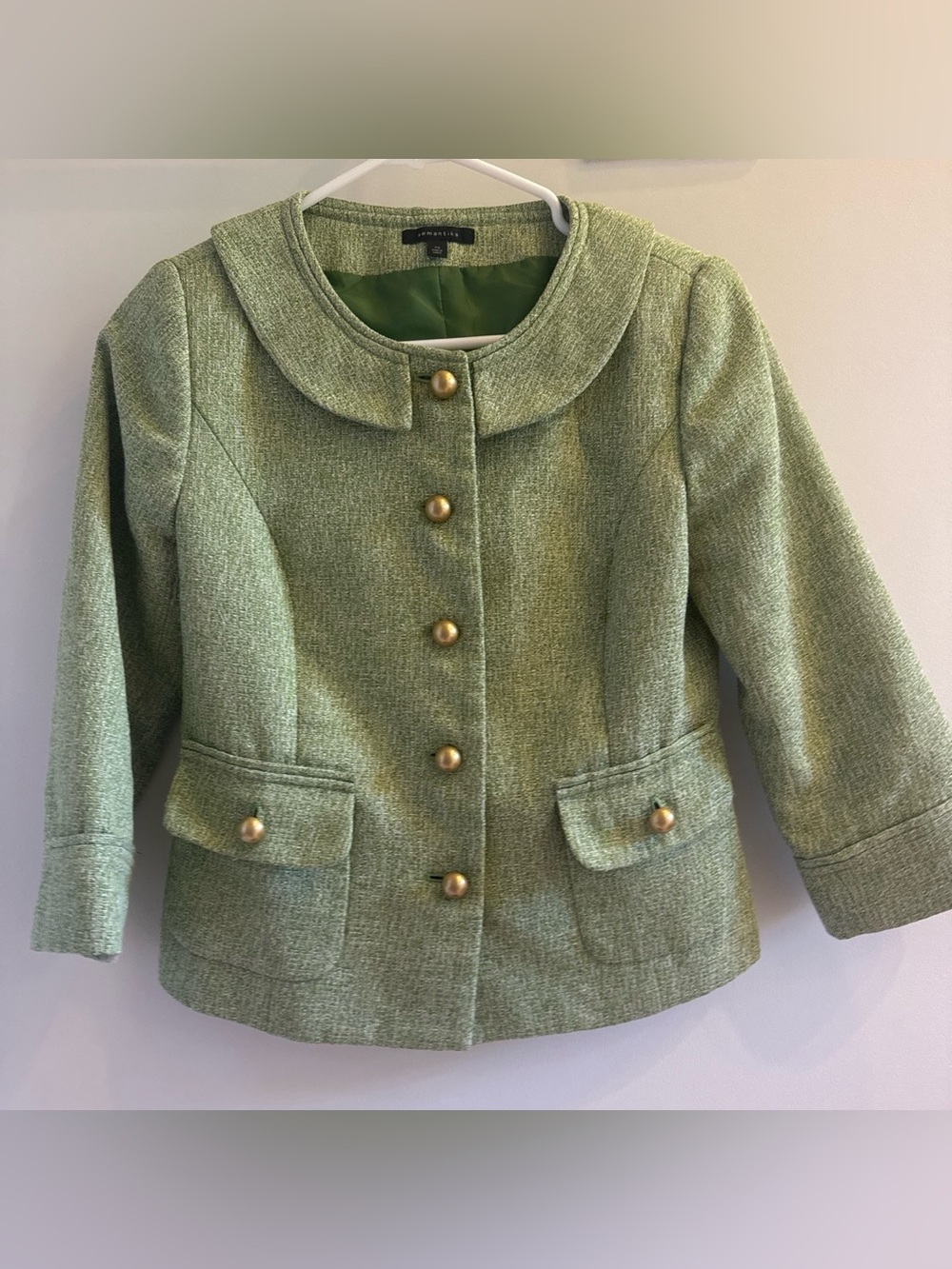 Semantiks Nordstrom Moss Green Tweed Brass Button Retro Collar Blazer Jacket xs